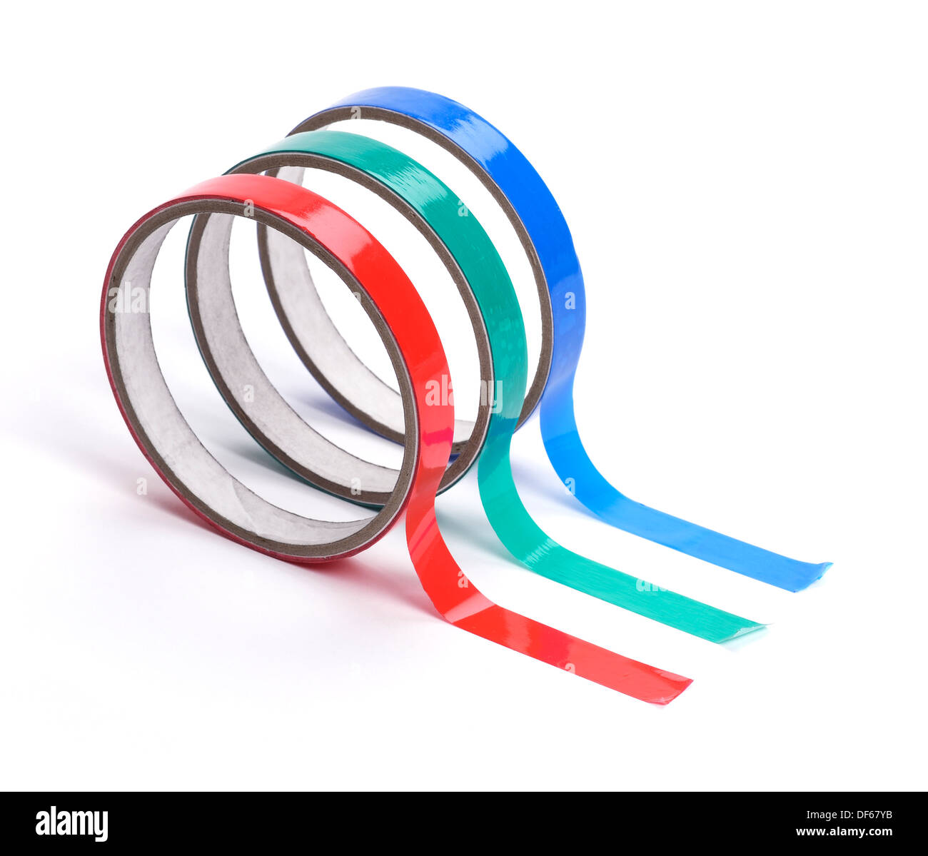Red Green and Blue rolls of sticky tape Stock Photo