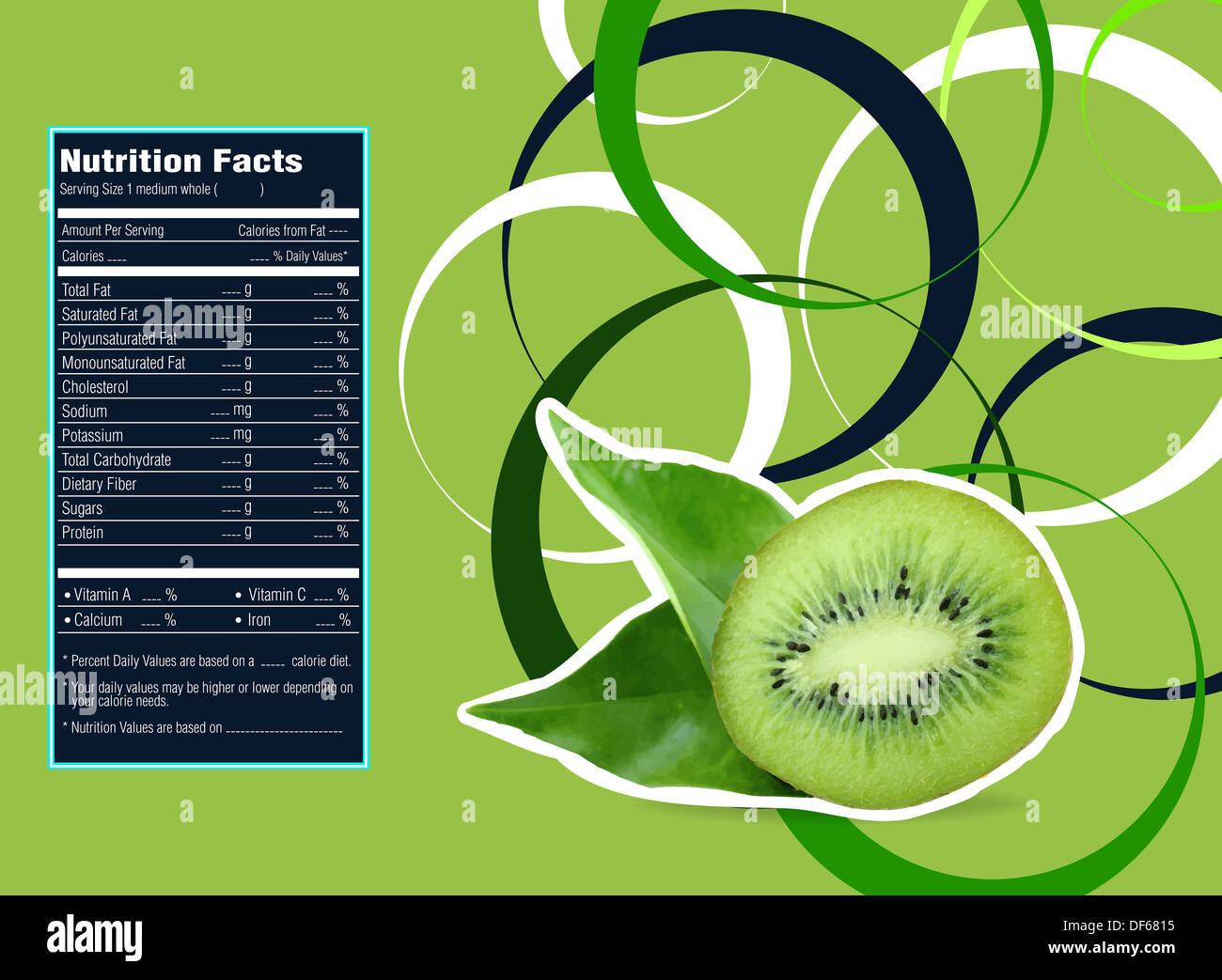 Creative Design for Kiwi with Nutrition facts label. Stock Photo