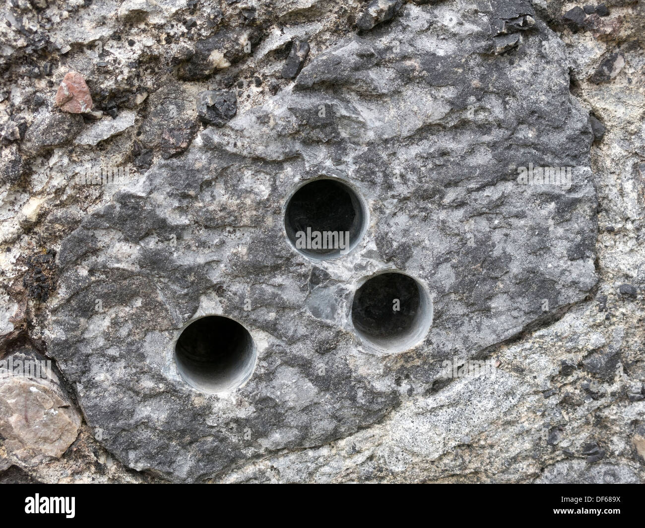 Geology core sample drill holes in pudding stone conglomerate rock, Boreraig, Isle of Skye, Scotland, UK Stock Photo