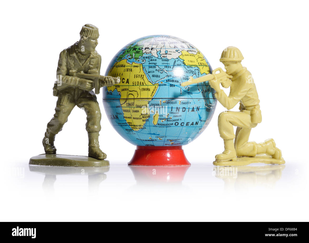 Plastic toy soldiers fighting in a world war Stock Photo