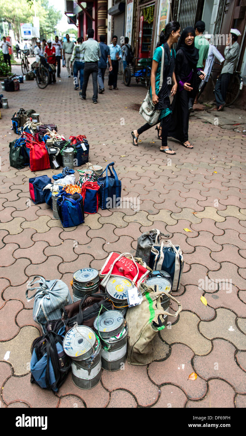 Freshly cooked food in lunch boxes ready for delivery Mumbai India