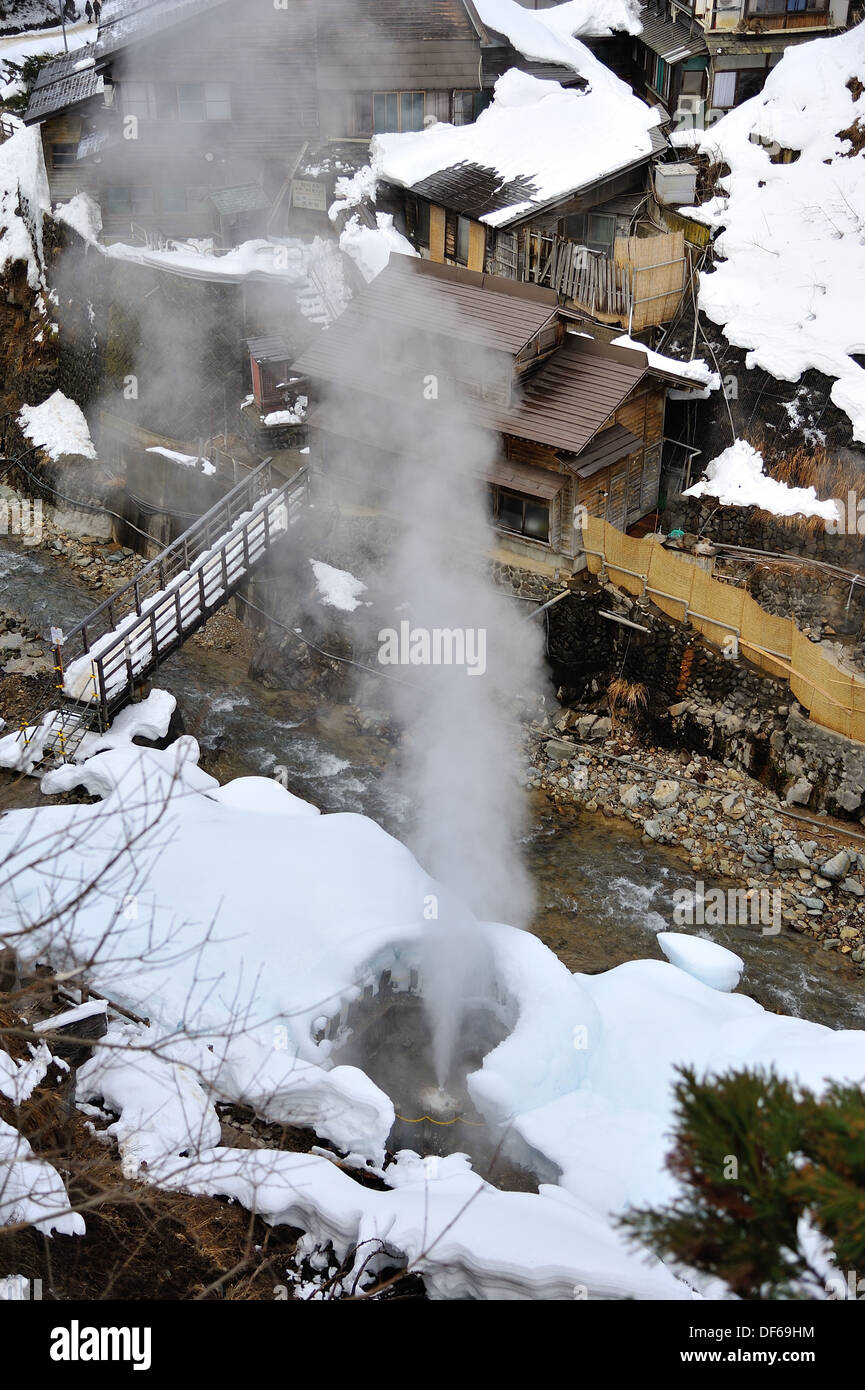 Hot steam vapour escaping from geothermal vent near Jigokudani, Japan Stock Photo