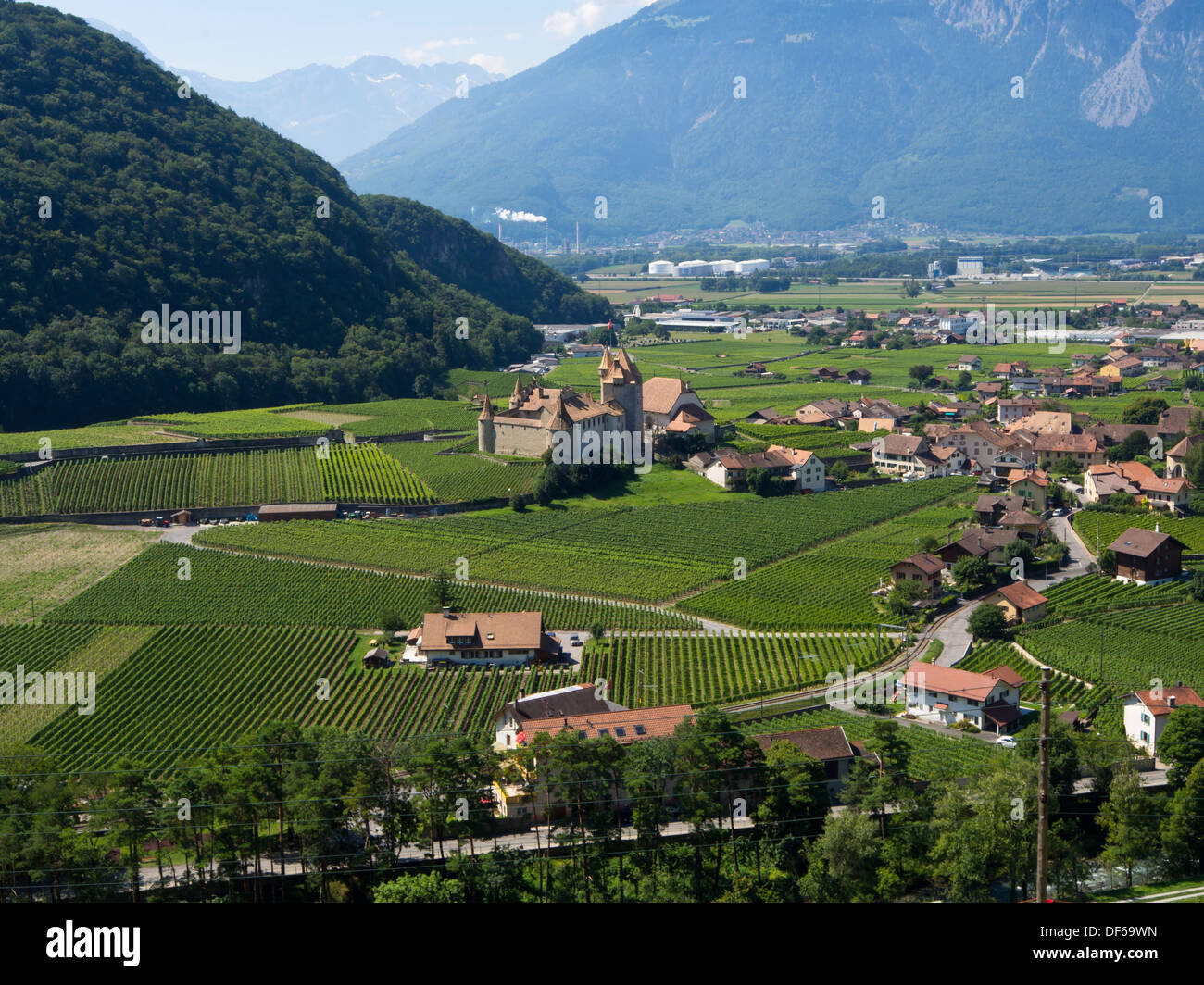 Aigle castle a Swiss heritage and wine museum and surrounding vineyards, Switzerland, wine producing region in valley Photo -