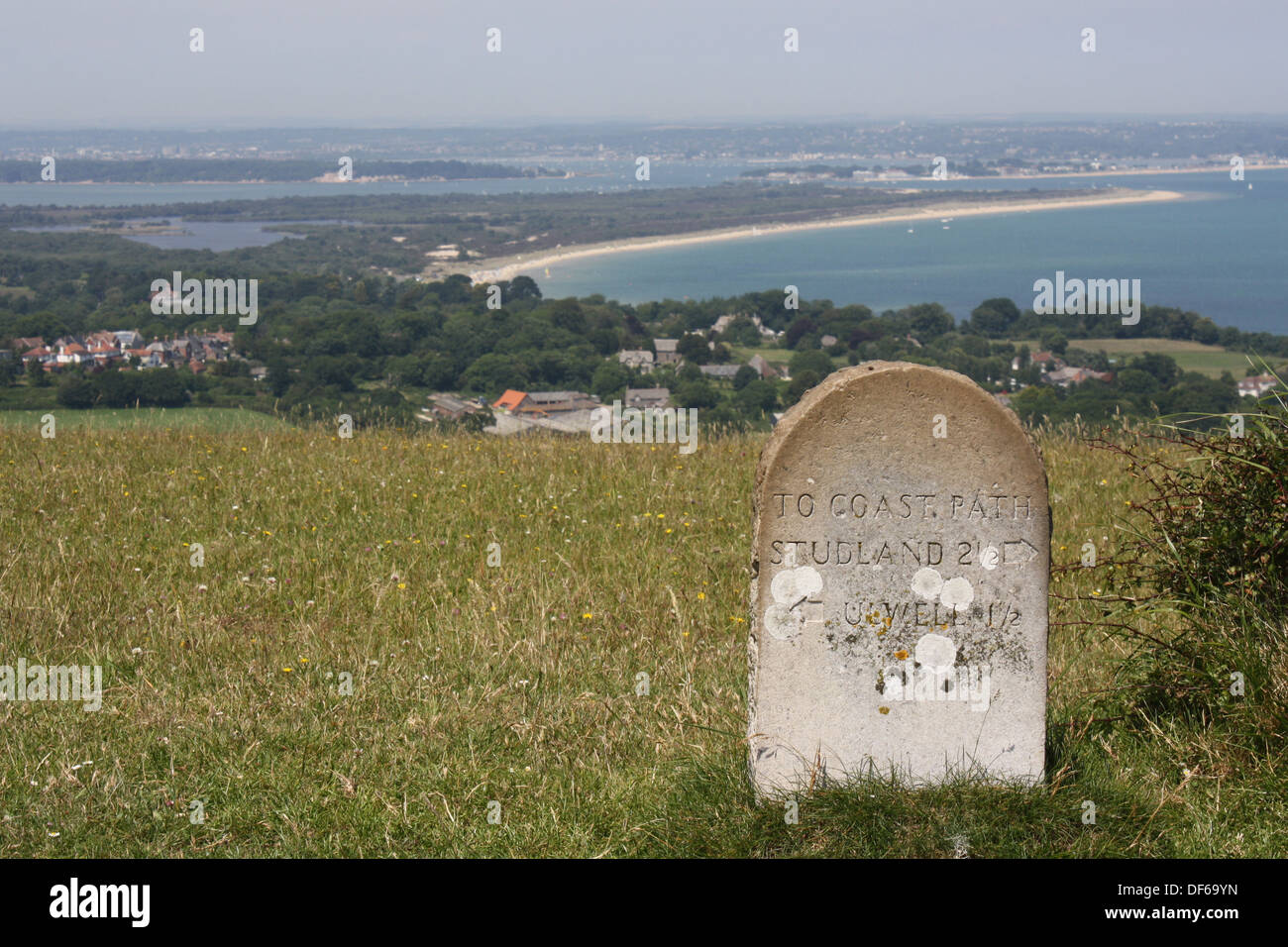View from Ballard Down across Studland beach to Poole in the distance Stock Photo
