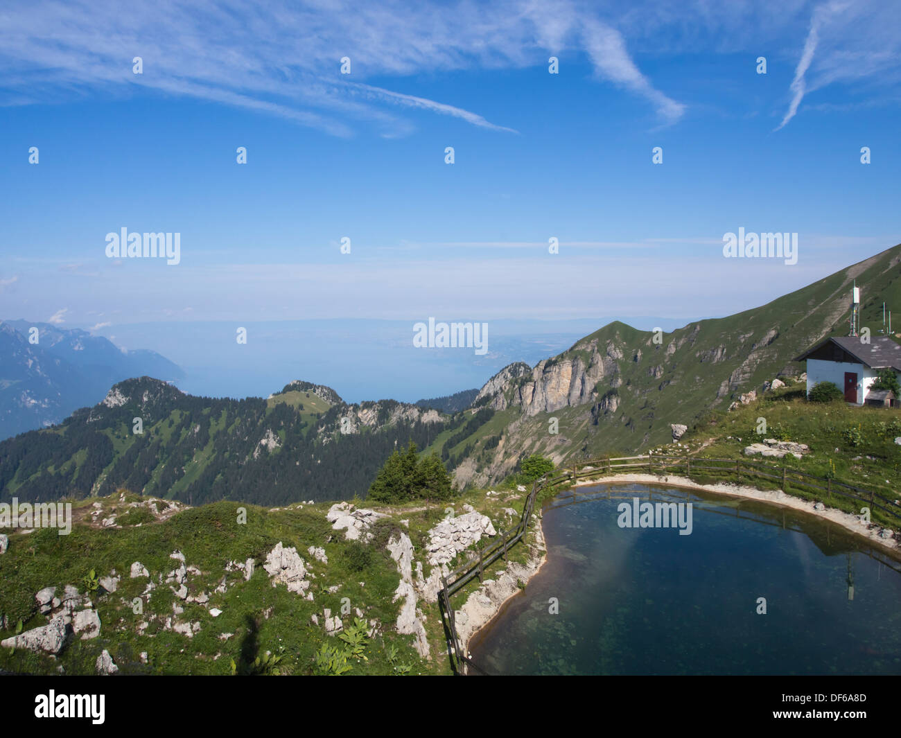 Panorama view of lac Leman in the distance from Berneuse mountain in Switzerland, lac Yaca in front Stock Photo