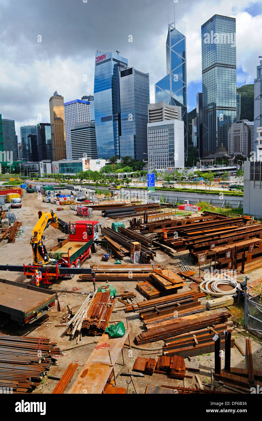 New construction work taking place with the Hong Kong skyline in the
