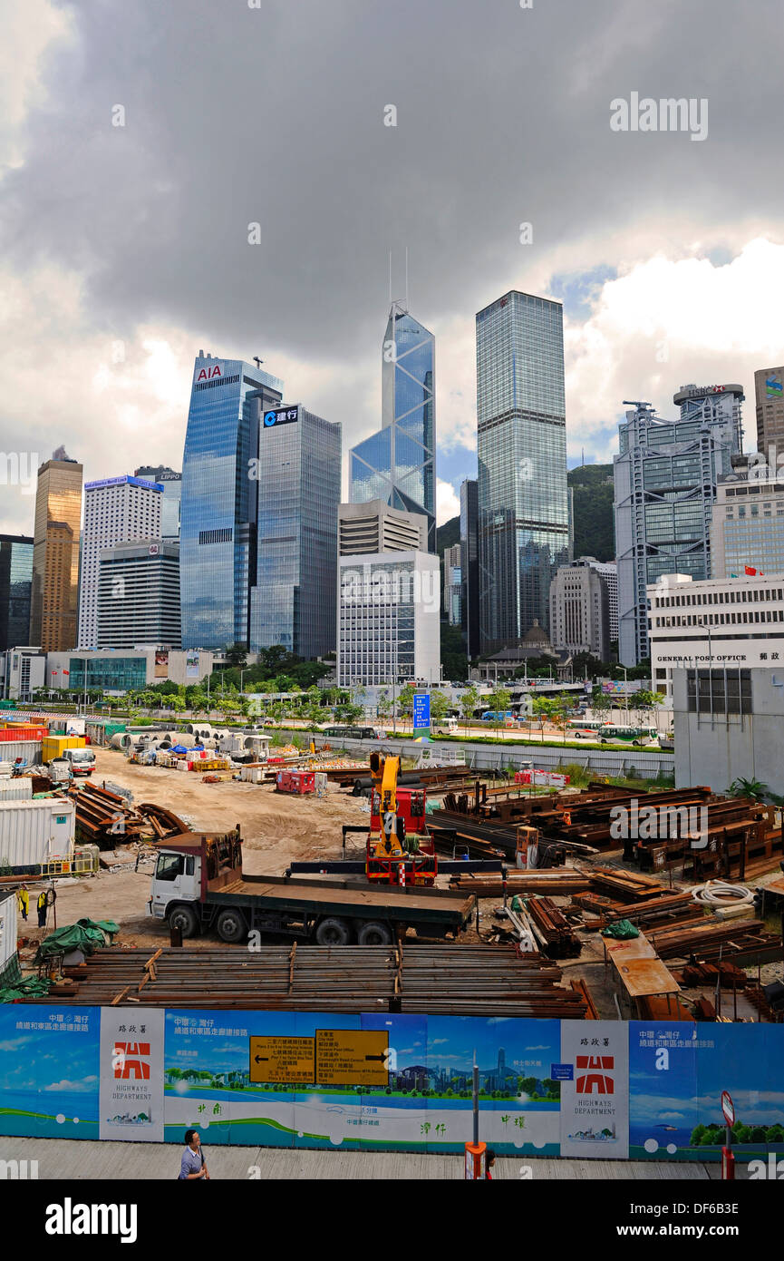 New construction work taking place with the Hong Kong skyline in the