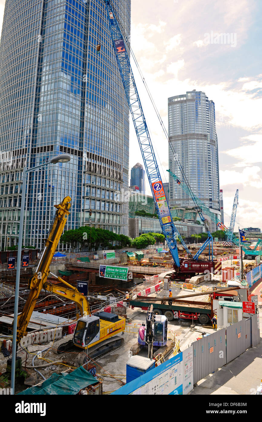 New construction work taking place with the Hong Kong skyline in the