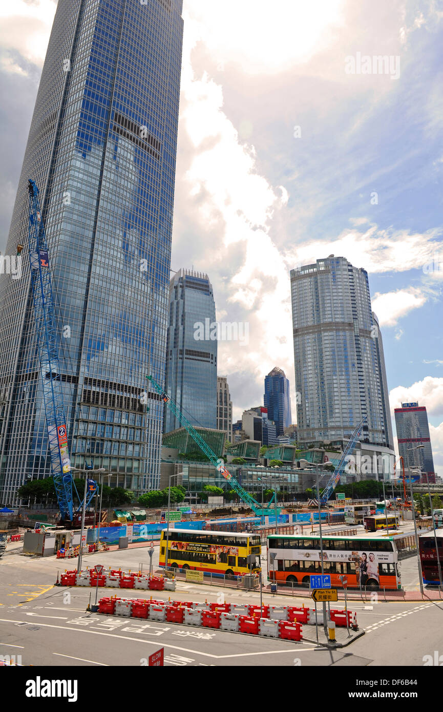 New construction work taking place with the Hong Kong skyline in the