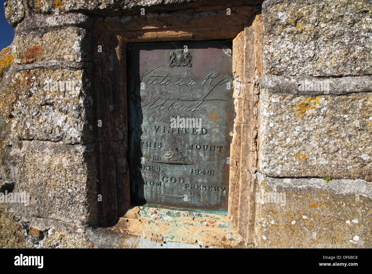 Bronze plaque commemorating visit of Queen Victoria and Prince Albert to St Michael's Mount, Sept 6th 1846. Stock Photo