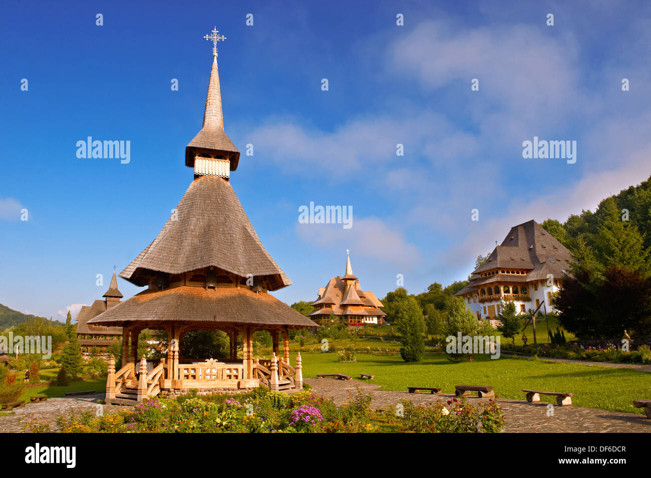 Wooden Churches & Orthdox Monastry of Barsana. Maramures, Northern Transylvania, Romania Stock Photo