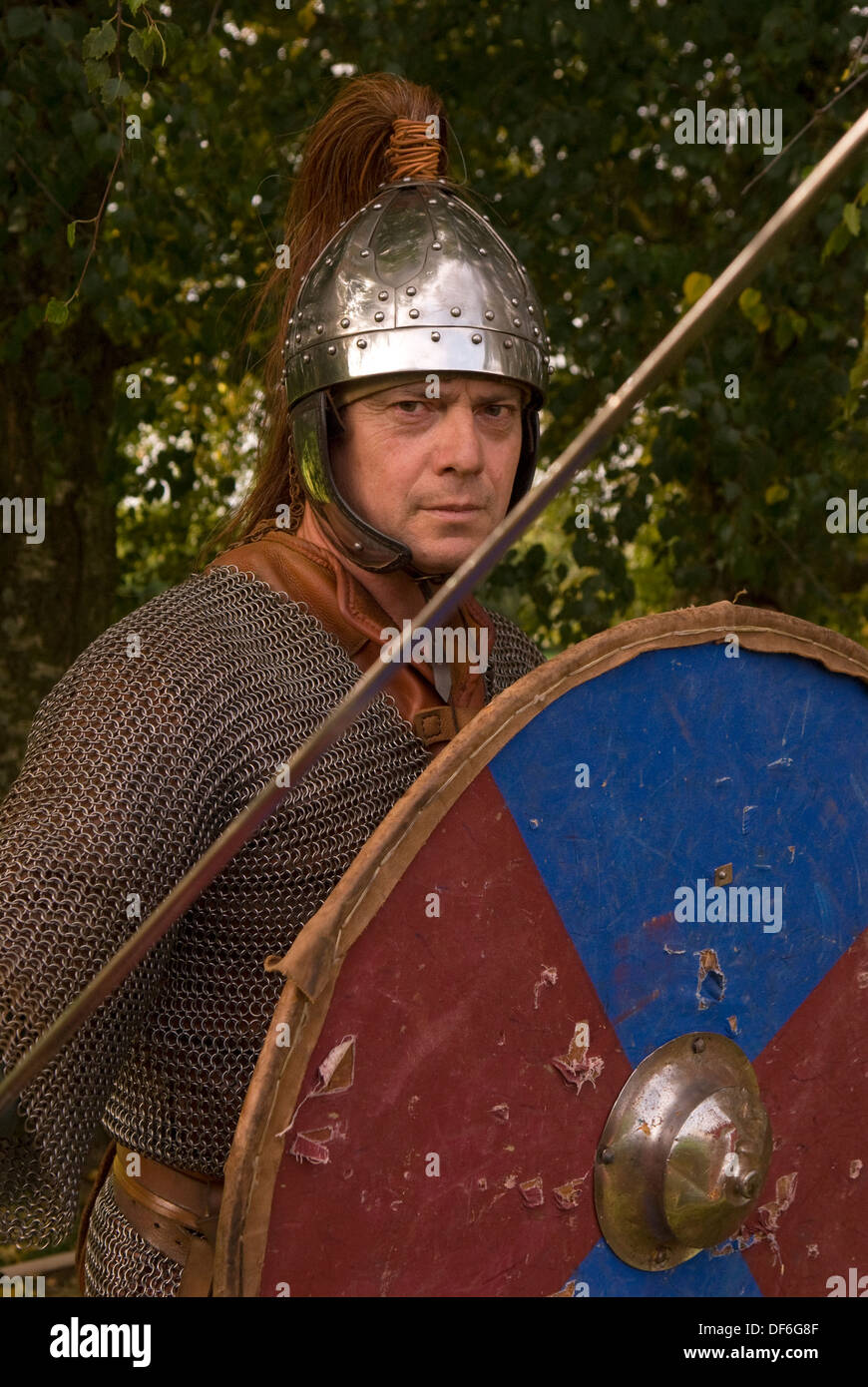 Man dressed in Saxon costume at a local village history open day, East Meon, near Petersfield, Hampshire, UK. Stock Photo