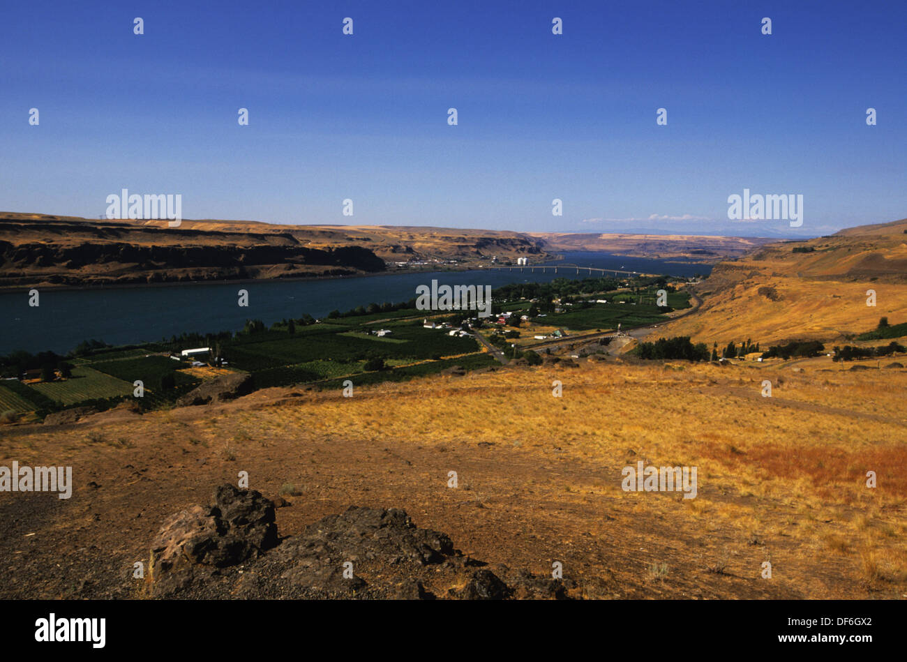 There's a striking view of the Columbia River and the village of