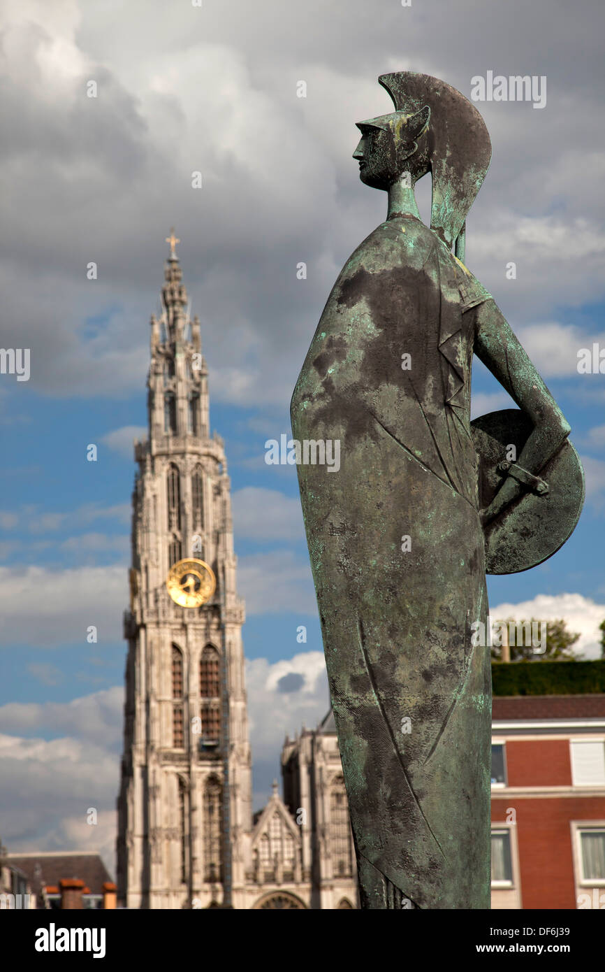 Minerva statue on the schelde promenade and the church tower of The ...