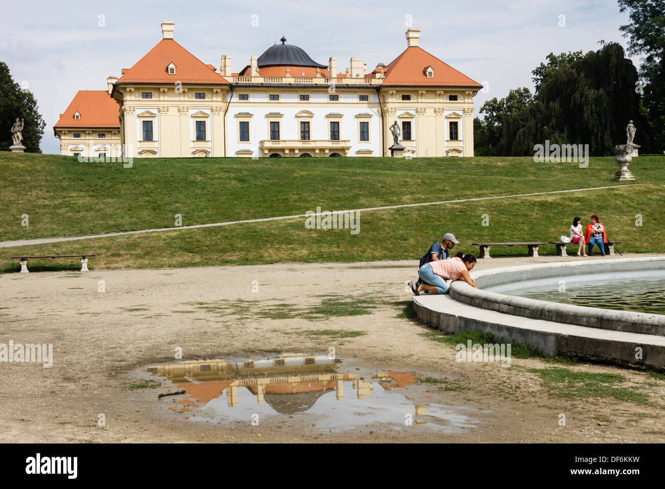 Slavkov chateau reflected on a pool , Austerlitz, Czech Republic Stock Photo