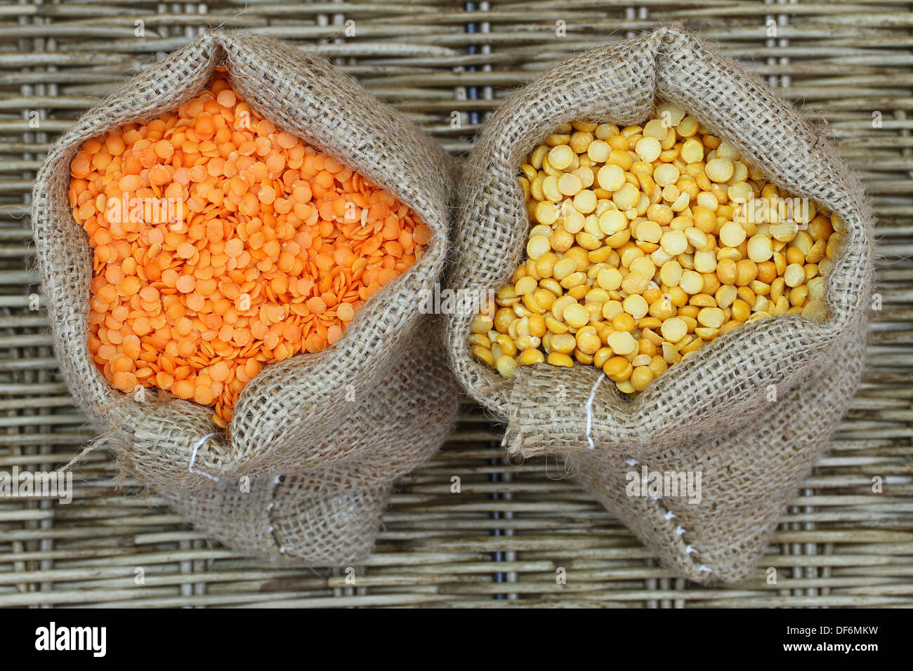 Selection of pulses in jute bags Stock Photo Alamy