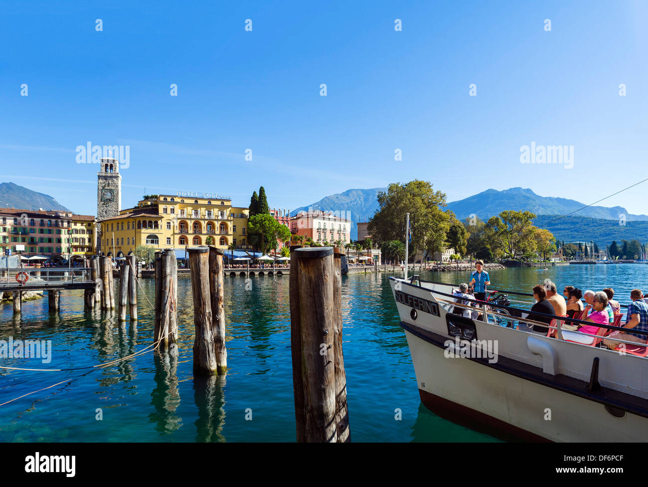 Lake Garda. Ferry docked in the harbour at Riva del Garda, Lake Garda, Italian Lakes, Trentino-Alto Adige, Italy Stock Photo