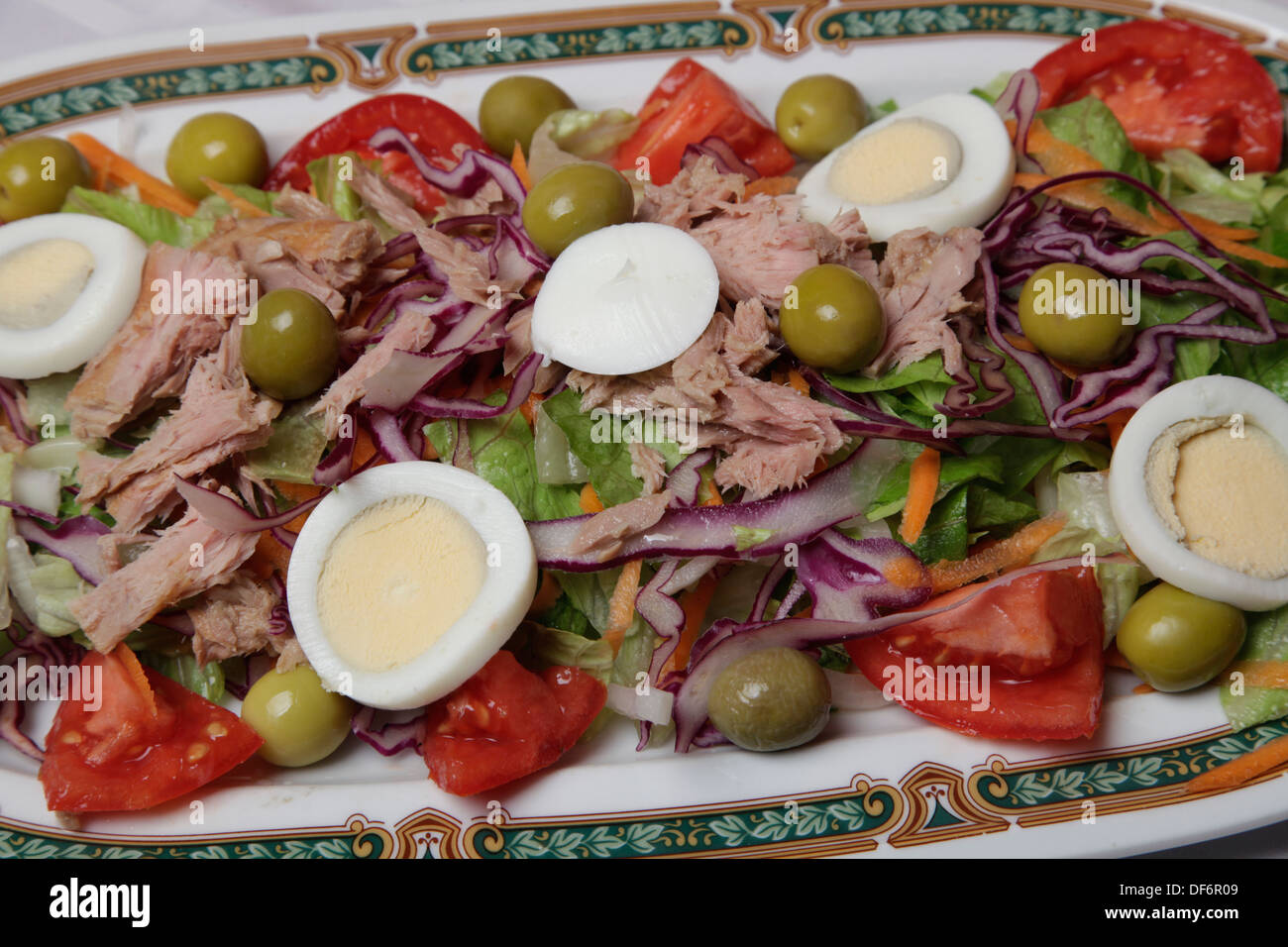tuna salad food vegetables olive eggs tomato disk health fresh fish