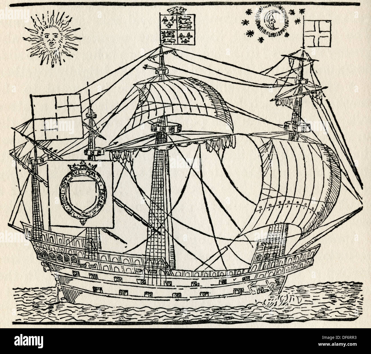 English ship of 1574. From The Romance of the Merchant Ship, published 1931. Stock Photo