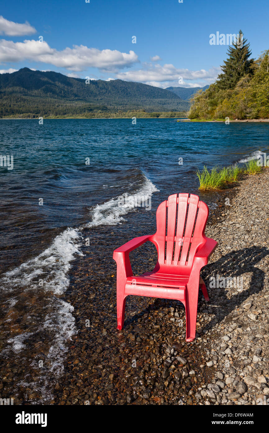 Empty adirondack chair on the shore of Lake Quinault, Olympic National Park Stock Photo