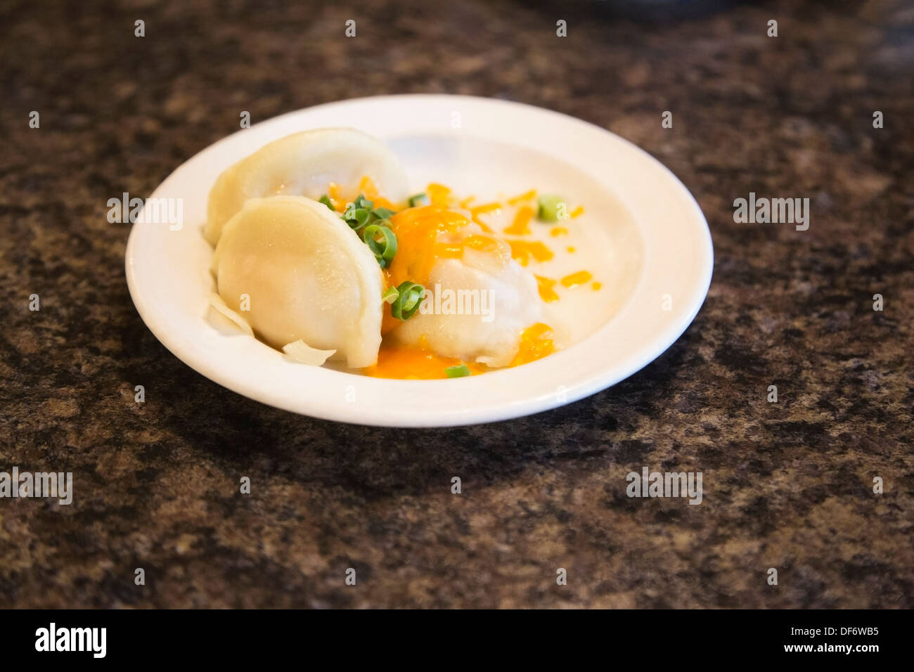 Plate of Cheddar and Potato Perogies with green onions, a specialty meal at the Berry Barn in Saskatoon, Saskatchewan Stock Photo