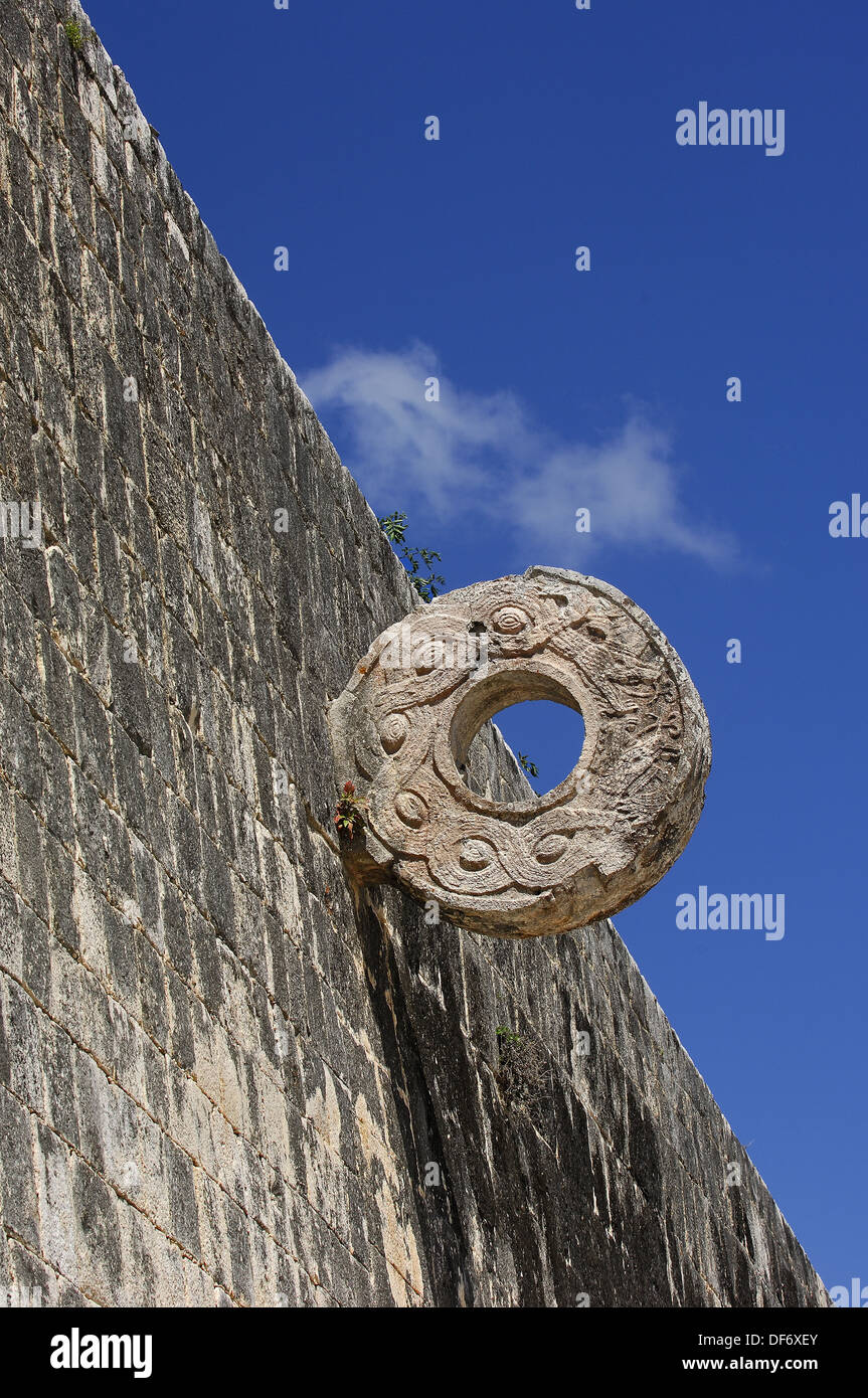 Goal at ball game court. Mayan ruins of Chichen Itza. Mayan Riviera