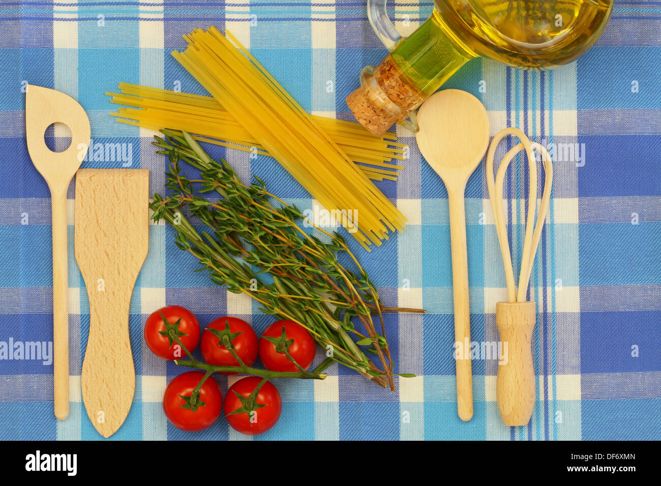 Selection of ingredients on checkered tablecloth Stock Photo