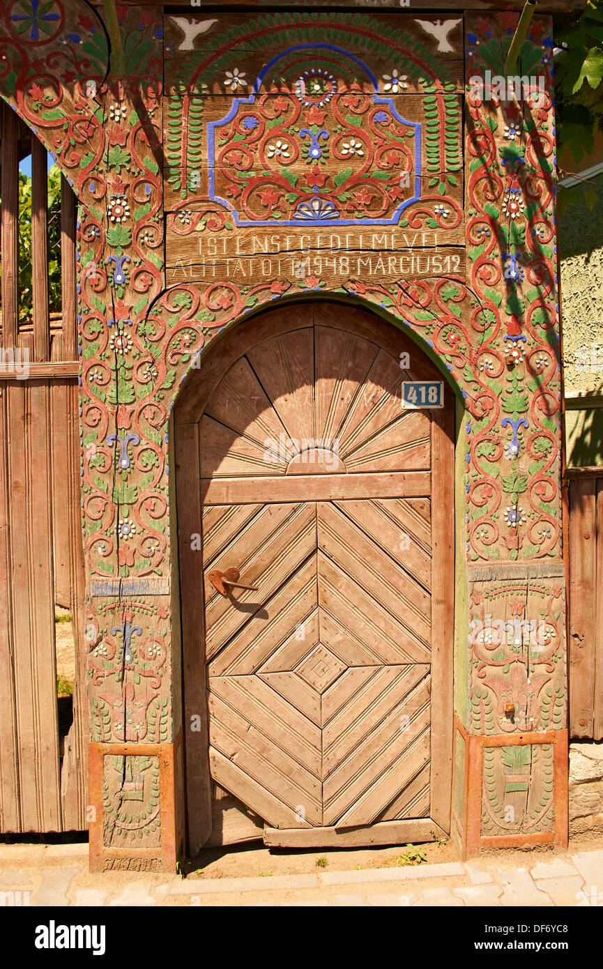 Traditional folk art wooden  Szekely gates in a Szekely village near Cluj, Eastern Transylvania, Szeklerland. Romania Stock Photo