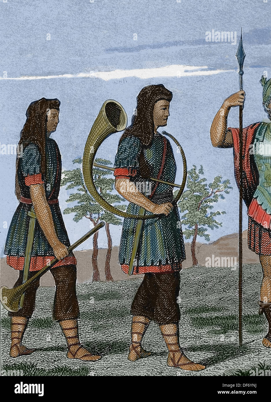 Ancient Roman. A cornicen. Was a junior officer in the Roman Army. Played cornu.Colored engraving. Stock Photo