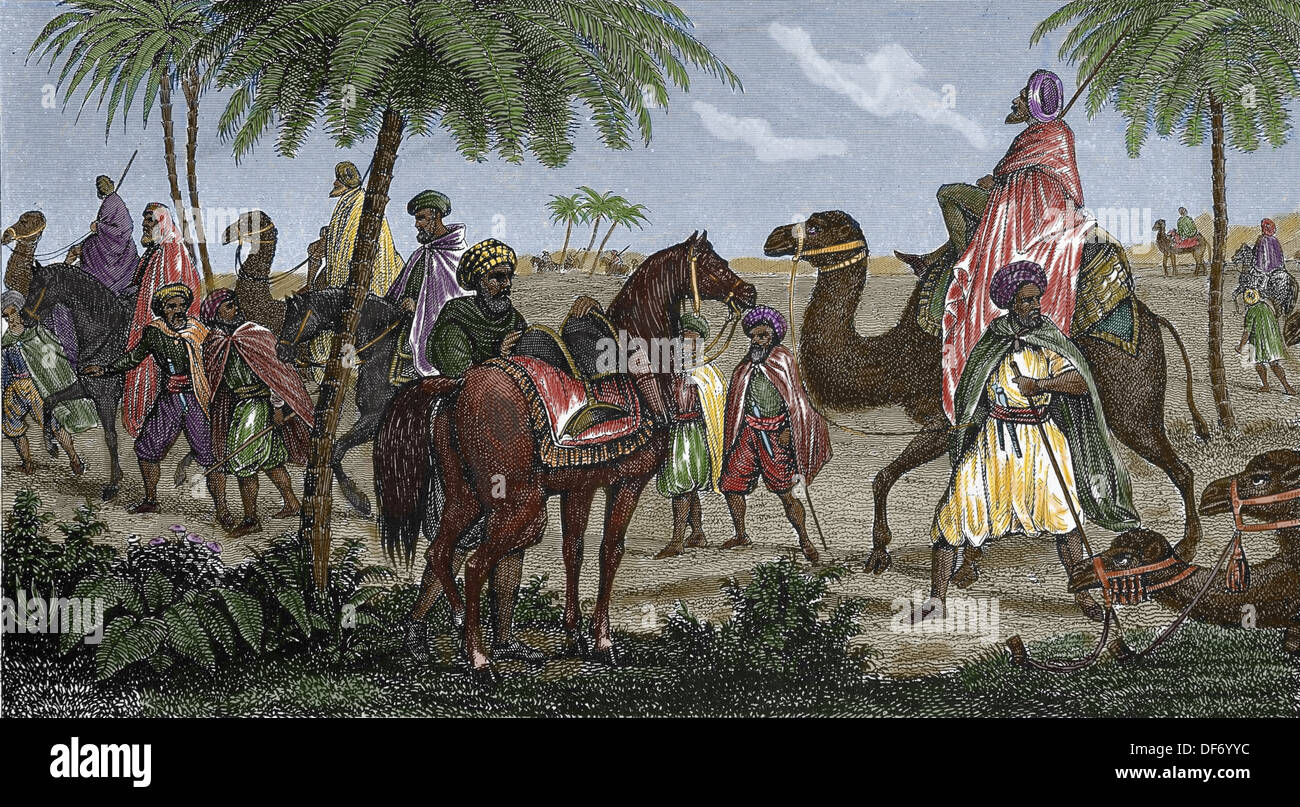 North Africa. Arabian caravan. Engraving. (Later colouration) Stock Photo