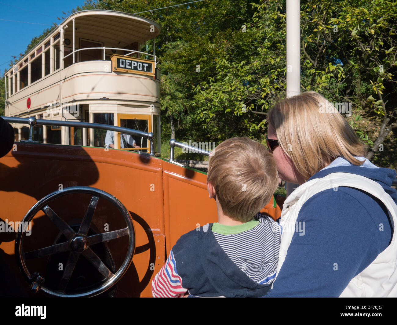 Mother and Son on a day trip to the Crich Tramway Village in Crich, Derbyshire, United Kingdom. Stock Photo