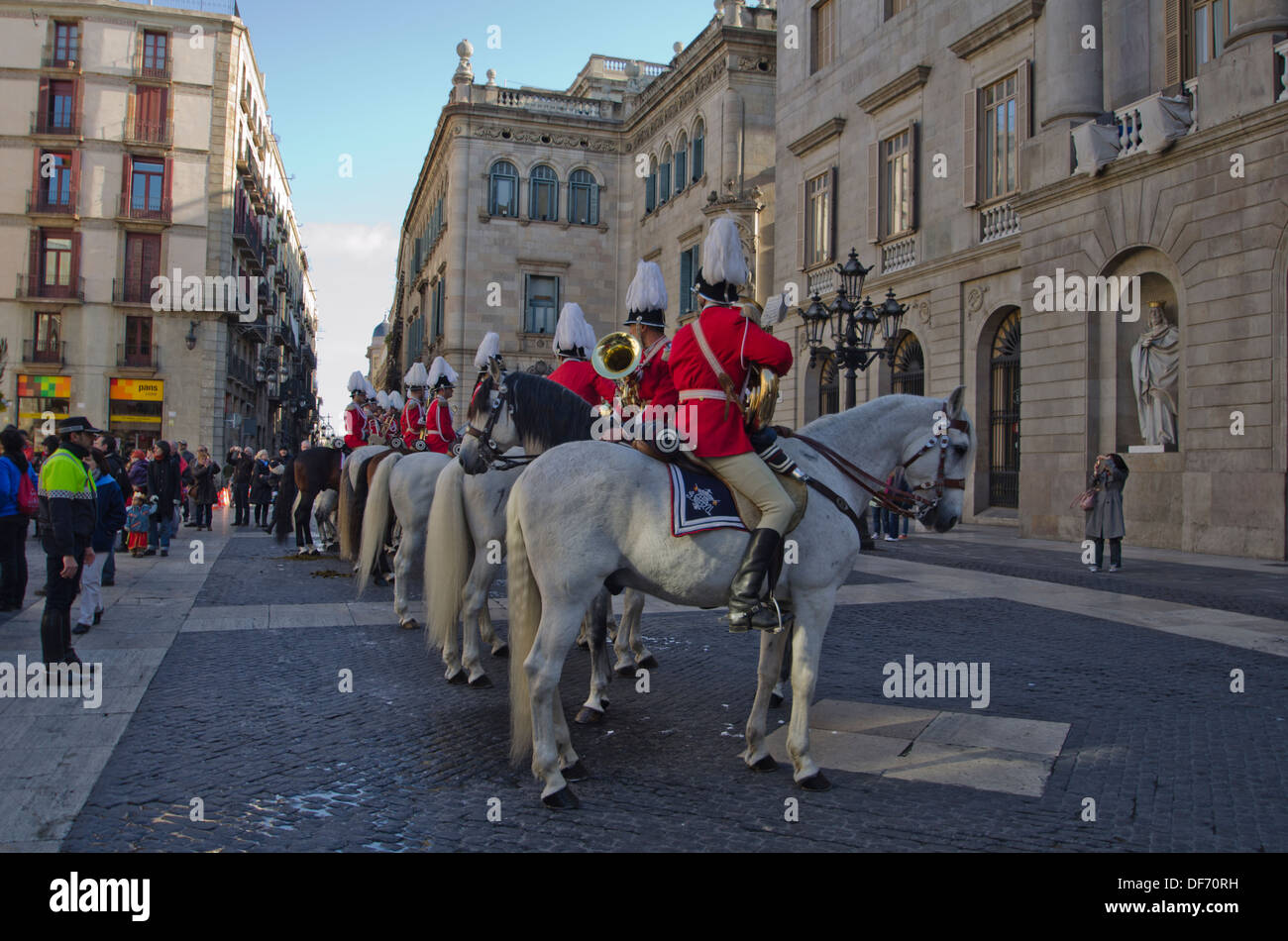 Europe, Spain, Barcelona, Council Square, traffic safety, horses, mounted police Stock Photo