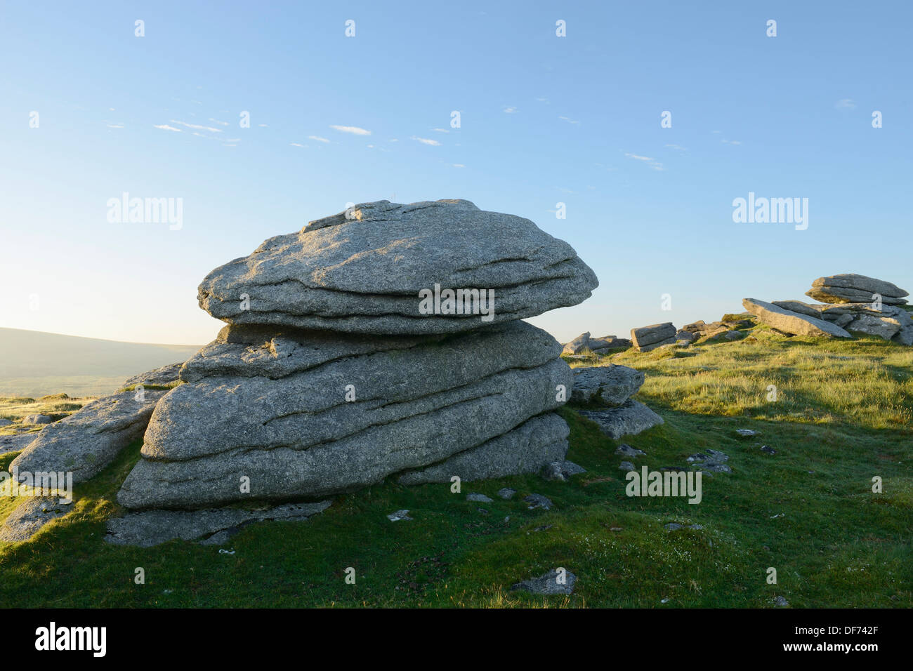 A rocking or logan stone on Belstone Common, Dartmoor, UK. Stock Photo