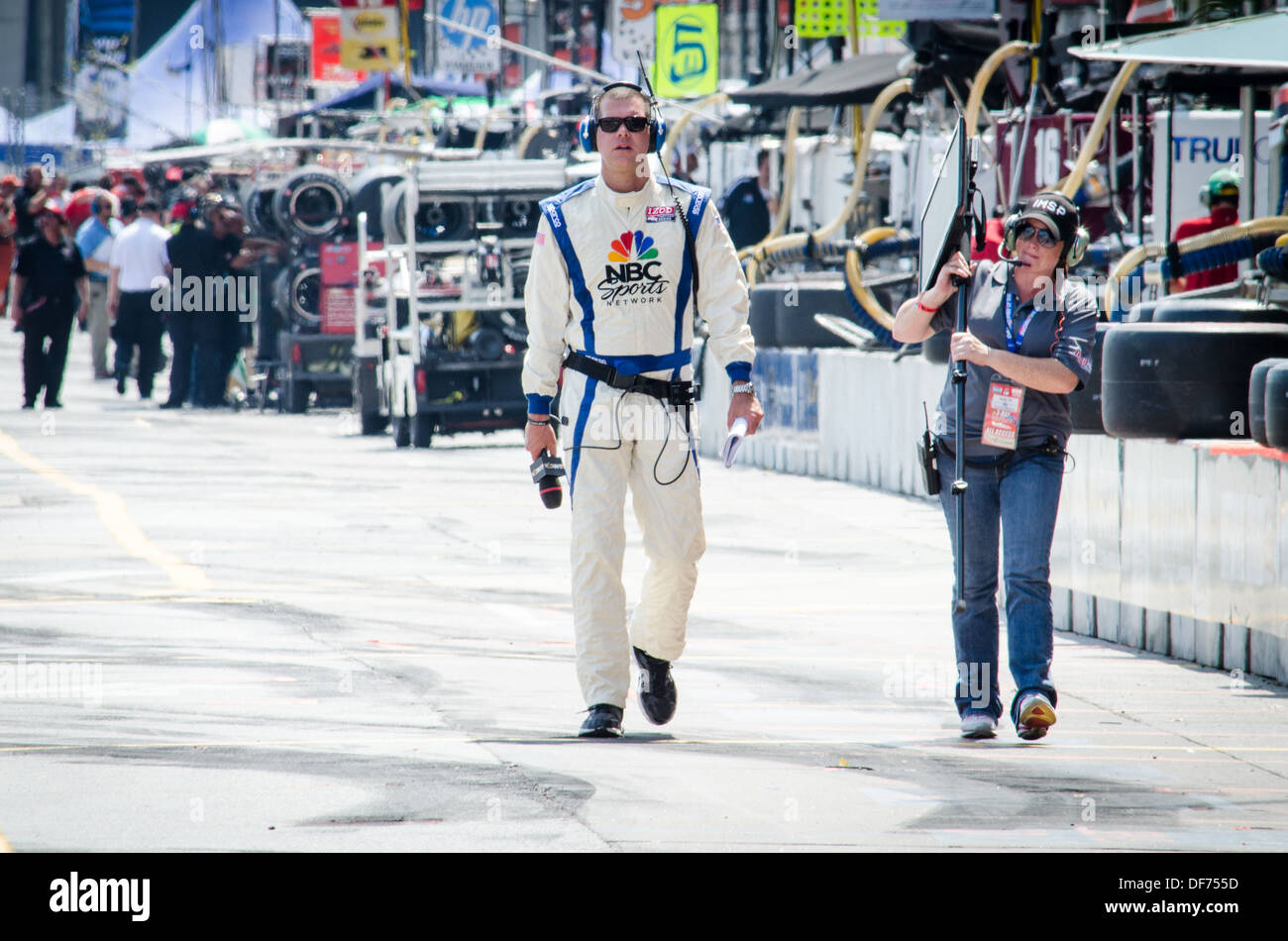NBC Presenter in the Pit Lane of the Baltimore Grand Prix 2013 Stock Photo