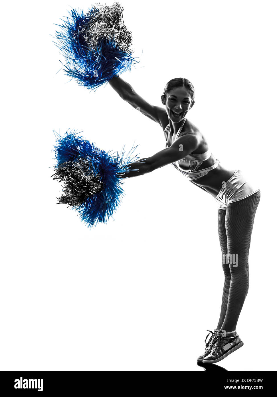 Cheerleader Girl Blue Uniform Obscure Face Pompoms Isolated White