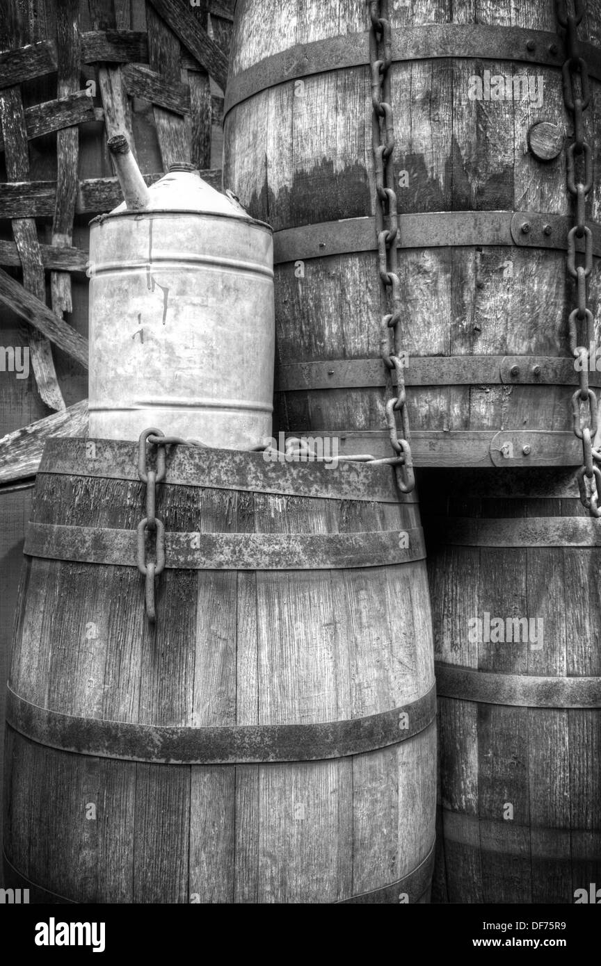 Wooden Barrels and Metal Kettle Stock Photo