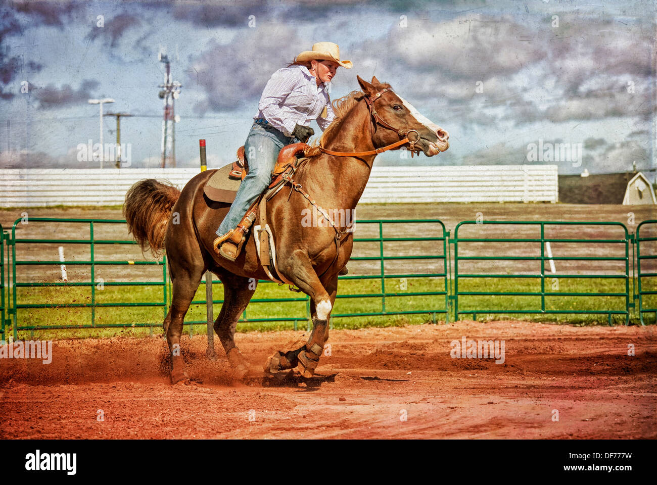 Western horse and rider competing in pole bending and barrel racing competition with texture. Stock Photo