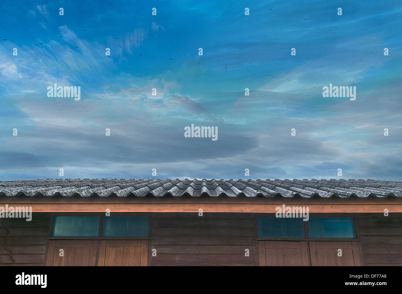 The Moving Planes, Cloudy Blue Sky and Roof of Wooden House Stock Photo ...