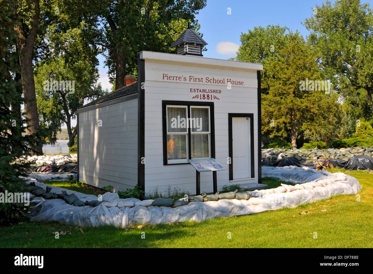 Pierre First School House Sandbags placed to prevent rain flooding