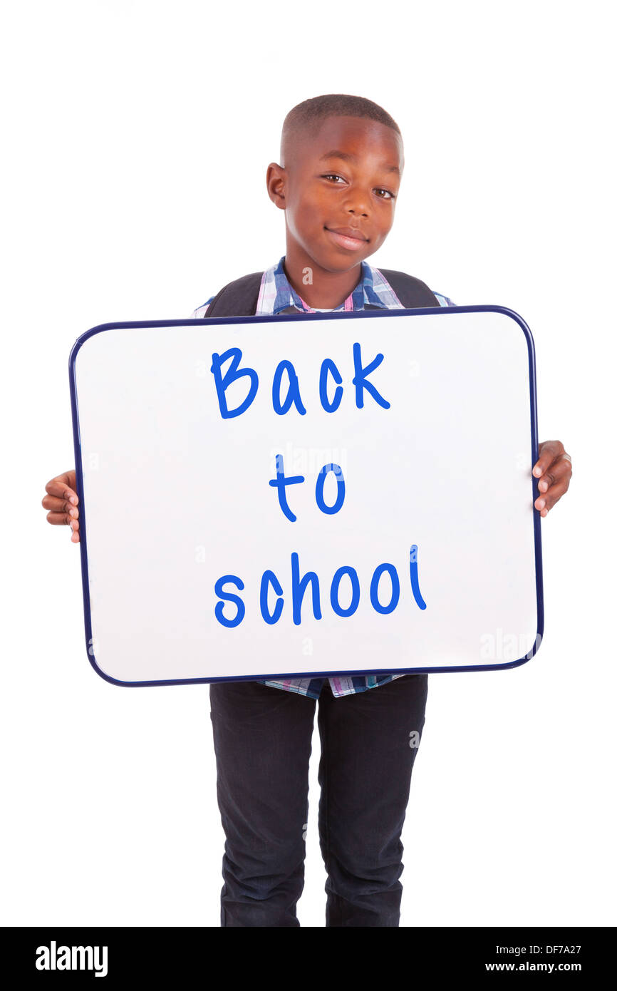African American school boy holding a blank board, isolated on white ...