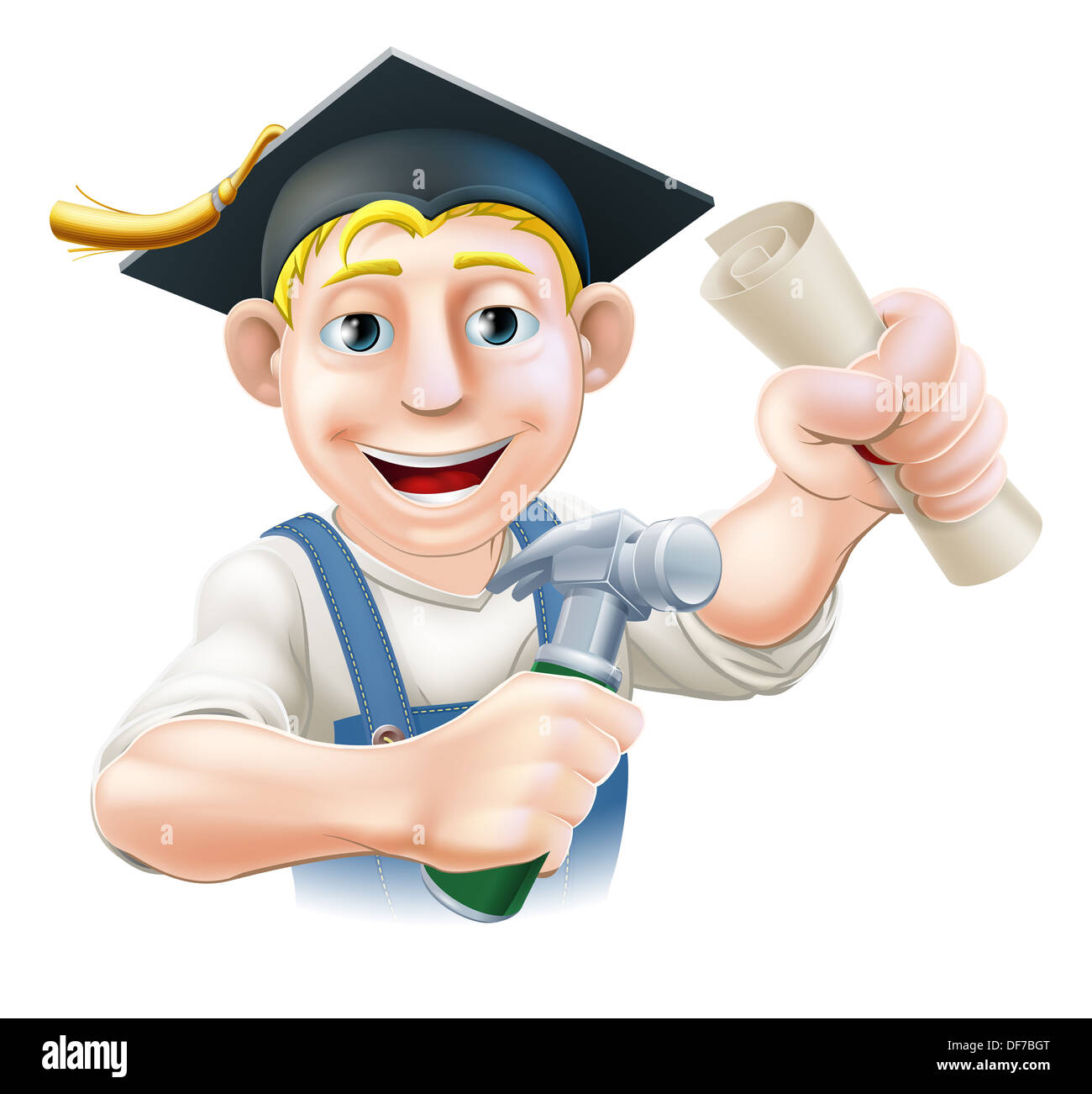 Professional training, learning or, qualified concept. Carpenter with mortar board cap and diploma certificate or qualification. Stock Photo