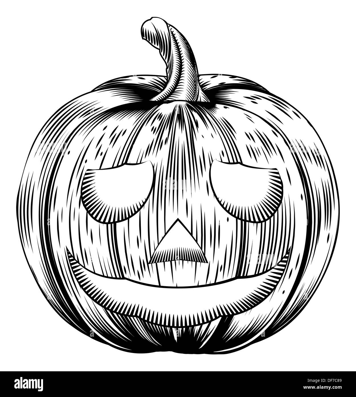 A Halloween pumpkin in a retro vintage woodblock or woodcut etching style Stock Photo