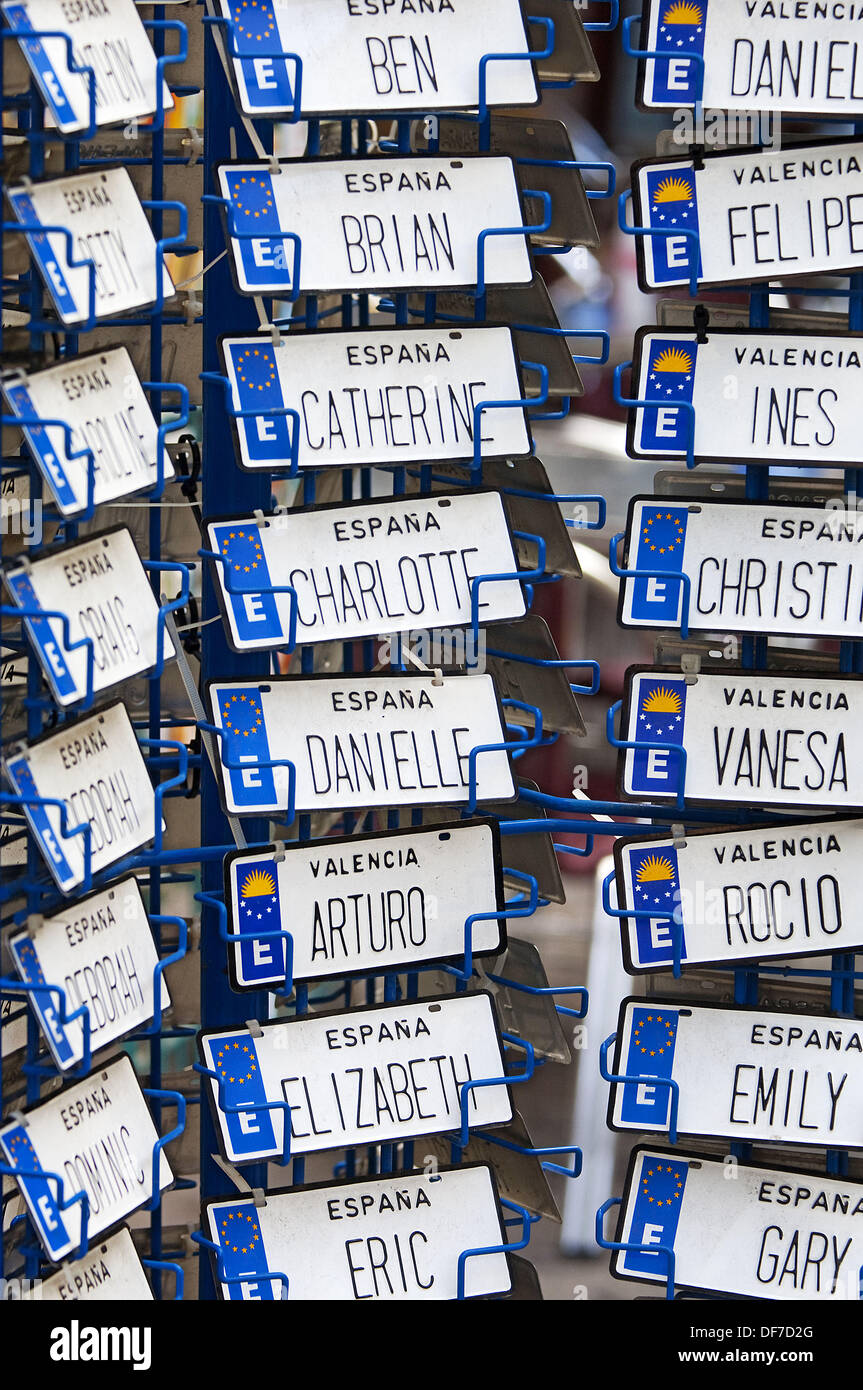 Souvenir license plates with names. Valencia. Spain Stock Photo