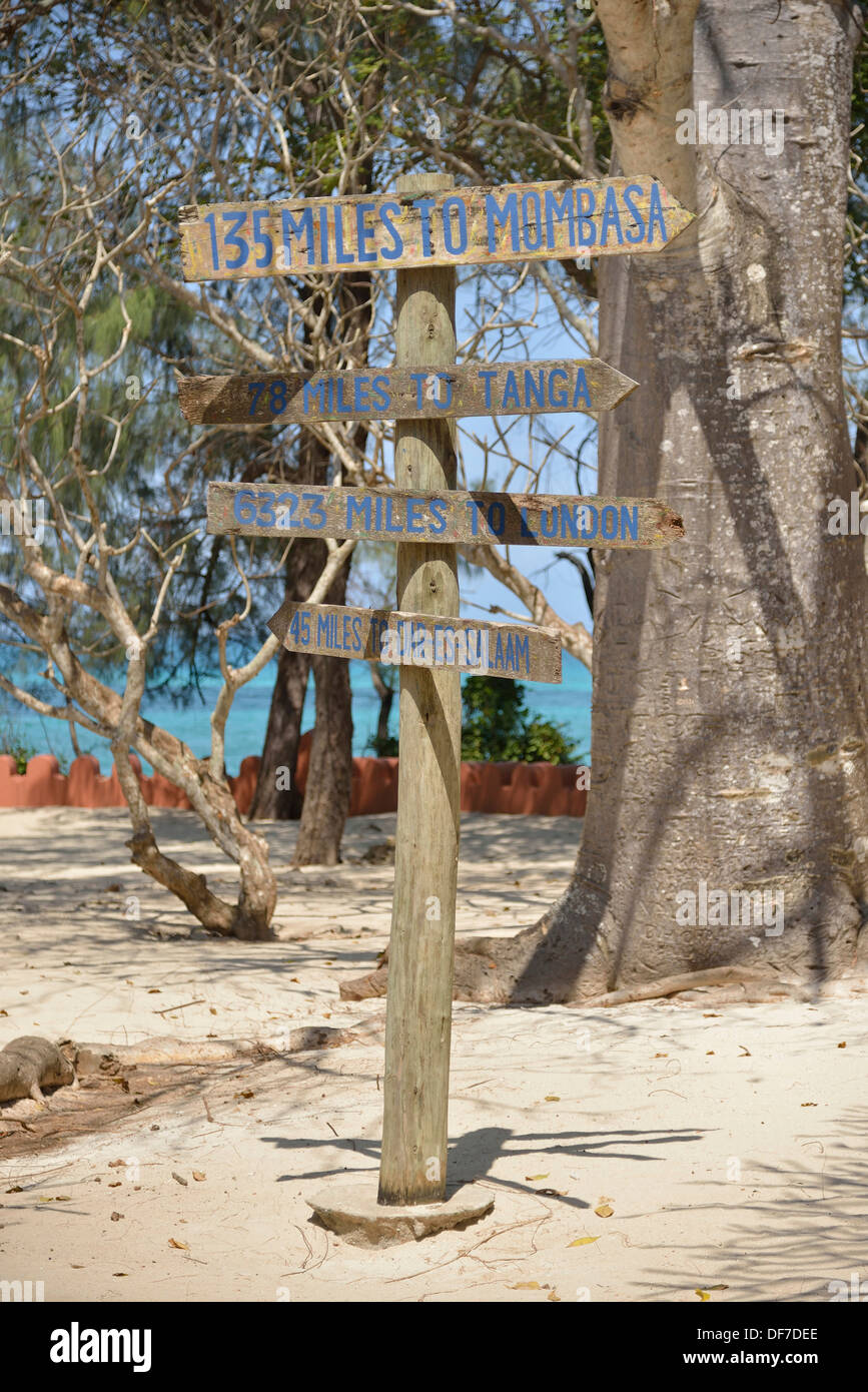 Signposts, Changuu Island, Zanzibar Archipelago, Tanzania Stock Photo