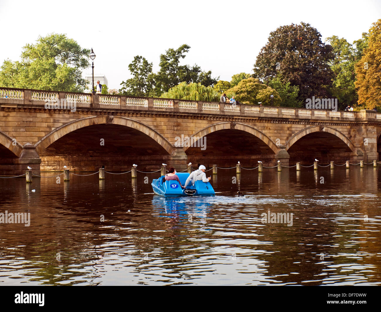 Couple in pedal boat on the Serpentine River showing the Serpentine