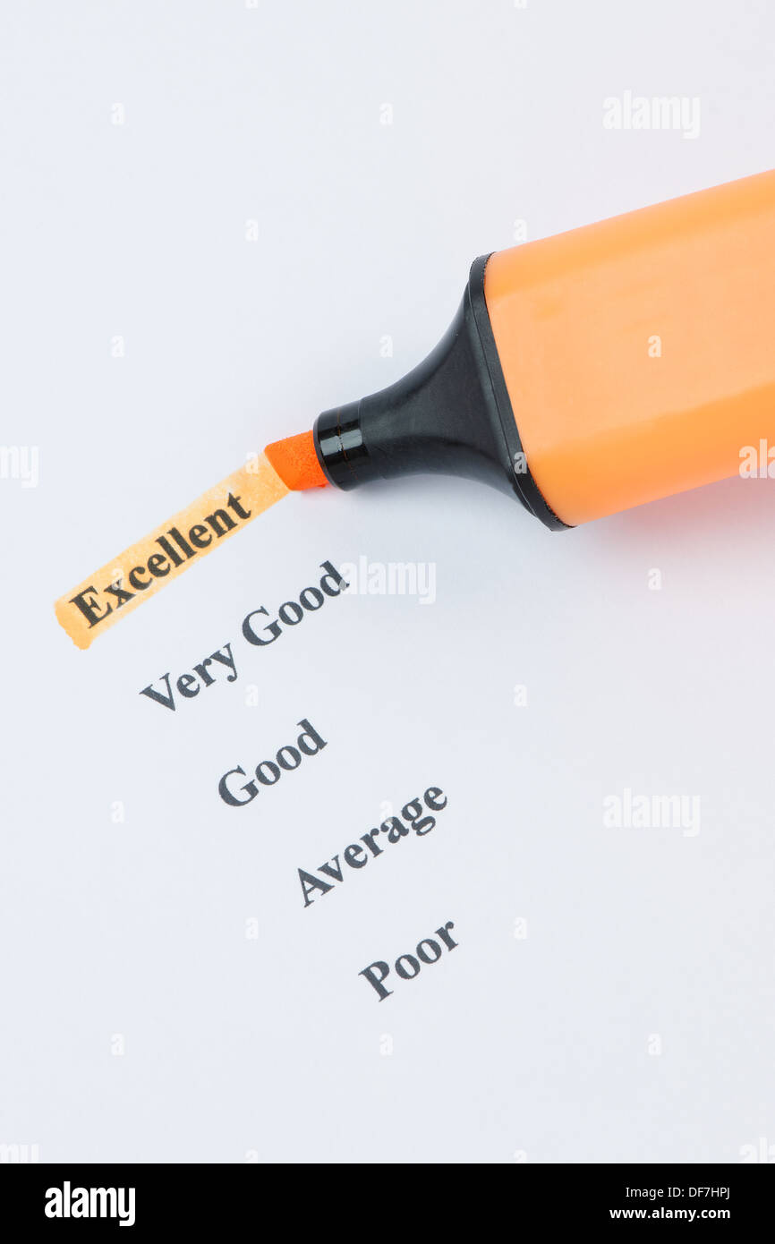 Highlighter marking the word excellent on a check list Stock Photo