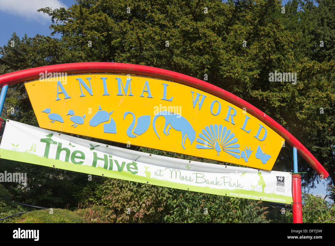 Arched sign over the entrance to the Animal World attraction at Moss Bank Park, Bolton, on its final weekend of operation. Stock Photo