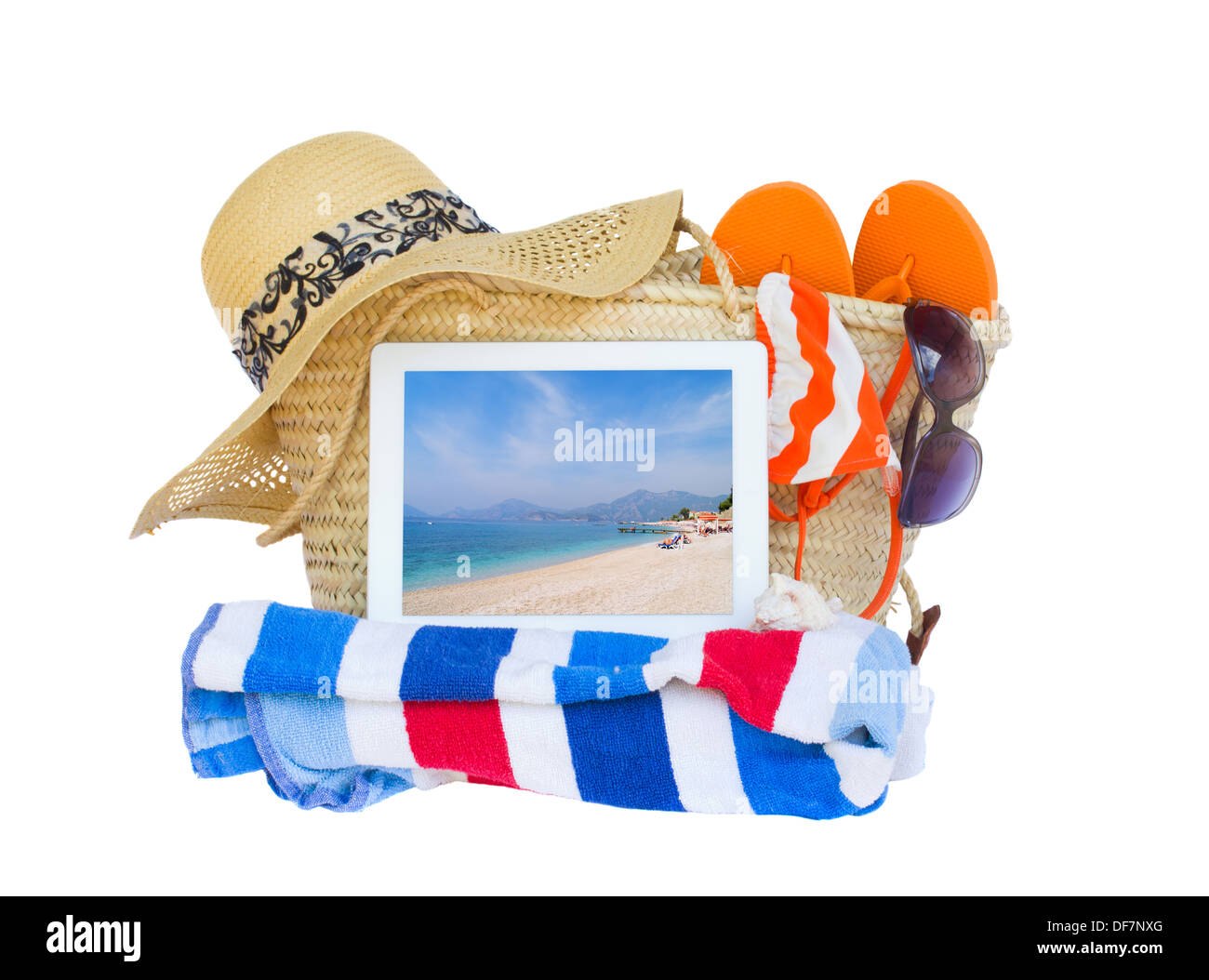 sunbathing accessories  with sea on tablet Stock Photo