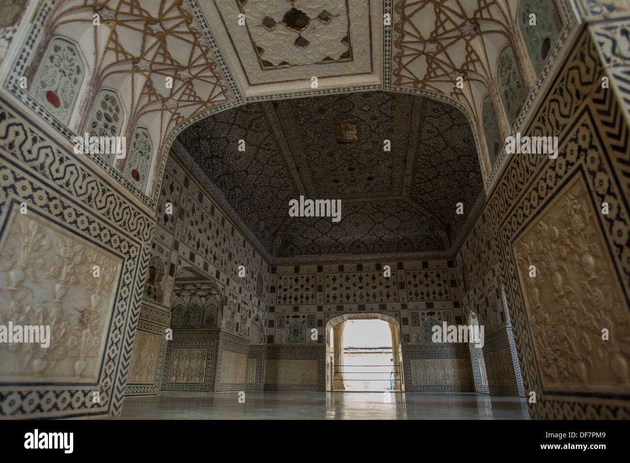 Sheesh Mahal - Mirrored Palace at Amer Fort (often spelled Amber Fort) was built by Raja Man Singh I and is renowned for its art Stock Photo