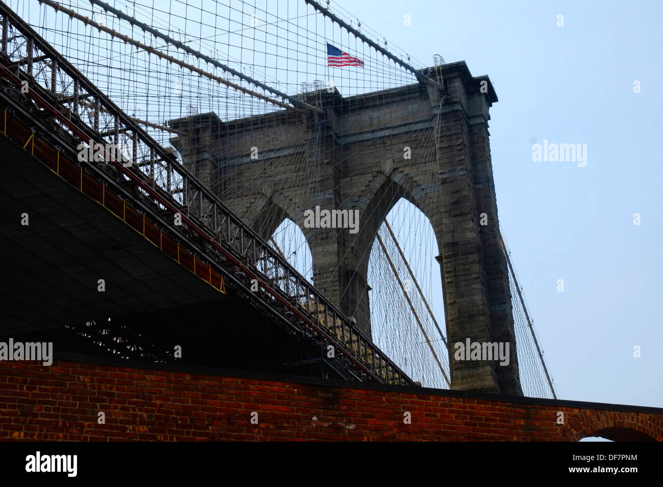 Close up of brooklyn bridge with flag hi-res stock photography and ...